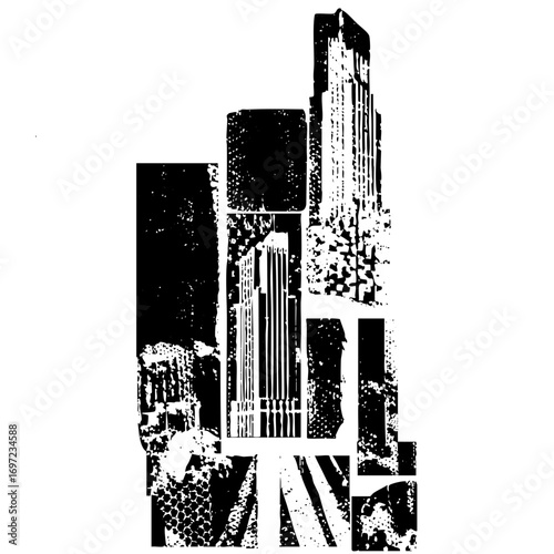 Vector Abstract cityscape features geometric building shapes.