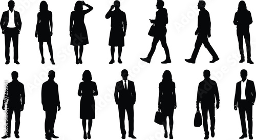 Silhouettes, diverse people, casual, professional, standing poses, group, fashion, urban, modern, multicultural, crowd, individuals, style, business, casual wear, diversity, human figures 