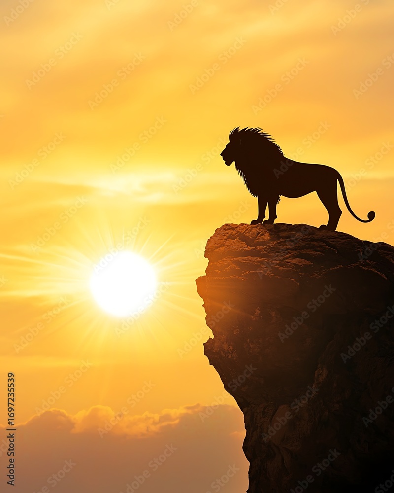 Naklejka premium Lion Silhouette at Sunset on Rocky Cliff Edge