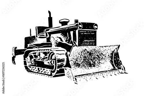 Vector Vintage tractor with front loader depicts agricultural machinery.