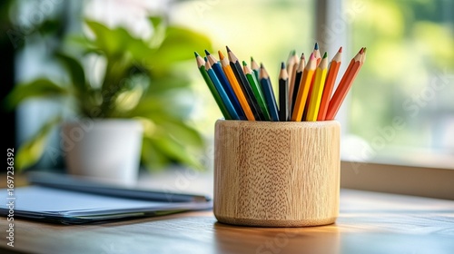 Colorful pencils in a wooden container on a desk, beside a plant and notepad