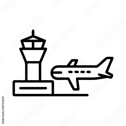 An illustration of an airport control tower and airplane, representing travel and aviation. The image conveys concepts of flight, direction, and journeys
