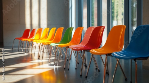 Colorful plastic chairs in a row, sunlit interior