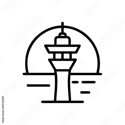 An iconic tower silhouette, a modern architectural marvel, against a vibrant sunset background