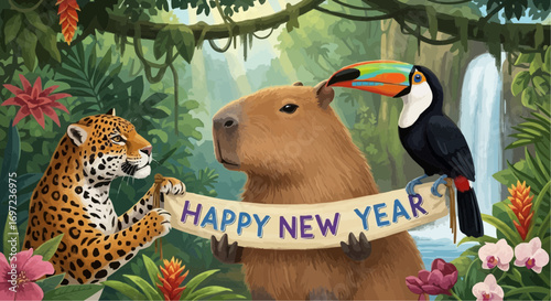 Celebrate new year with jungle animals jaguar capybara toucan in tropical rainforest happy new year banner vector