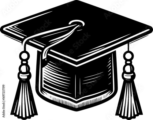 Minimalist black and white vector icon of graduation cap, clean lines, modern, scalable, isolated for education or academic use