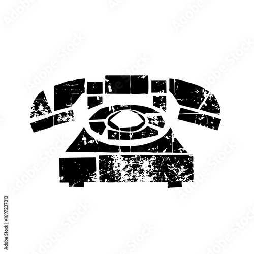 Vector Distressed black silhouette of a vintage rotary telephone.