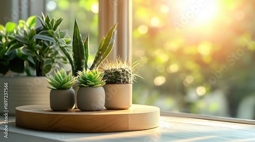 Wooden podium on windowsill with potted plants and cacti, sunlight through window creating warm atmosphere, blurred natural light background, white theme