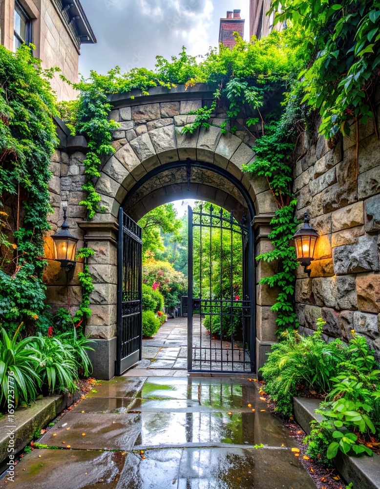 Fototapeta premium Stone archway, wet path, lush greenery, garden