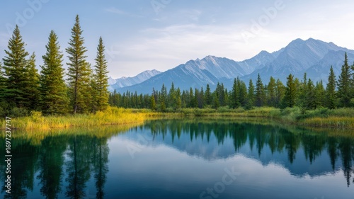 Mountain lake forest reflection pine sunrise tranquil nature wilderness serene sunset kayaking valley view with calm water reflection and soft