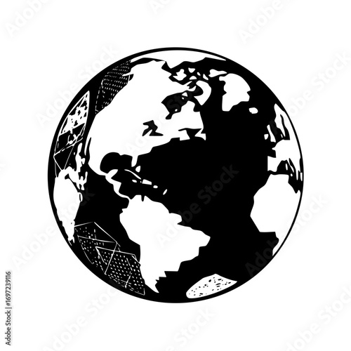 Vector Detailed vector globe showcases continents and grid lines.
