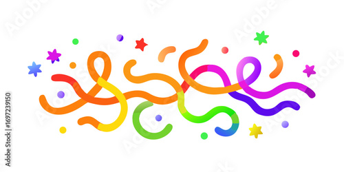 Colorful abstract confetti and streamers on a black background celebrating a festive event