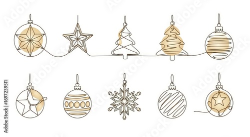 Continuous line illustration with Christmas ornaments trees stars and snowflakes hanging