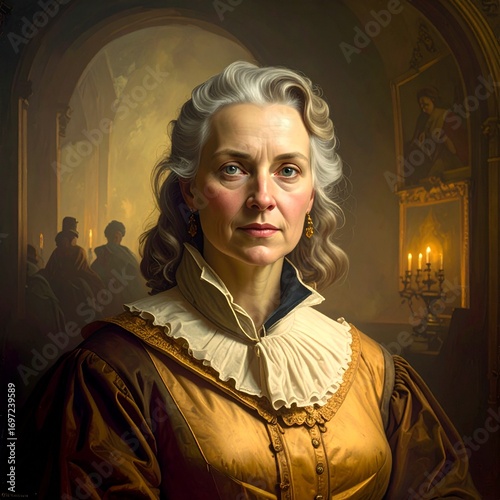 Portrait of a noble woman in historical Renaissance style clothing with candlelight background.