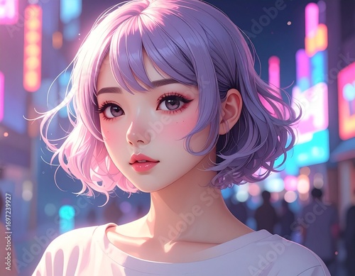 Portrait of a young anime style girl with purple hair in a neon city street.
