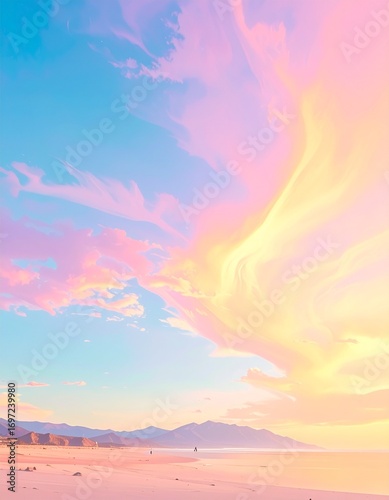 A breathtaking pastel sunset over a calm coastal beach with soft clouds.