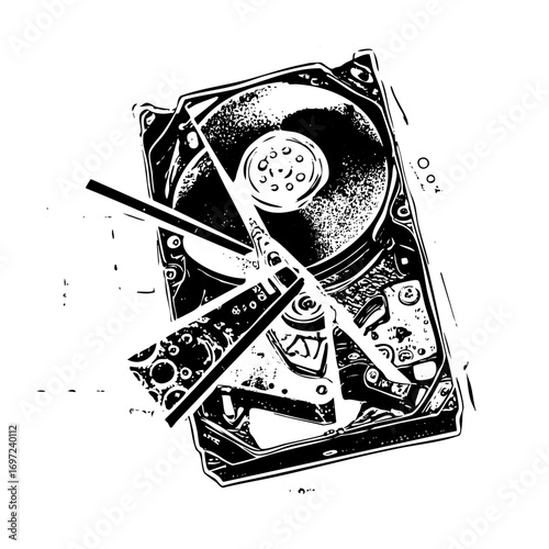 Vector Detailed hard drive with internal components exposed.