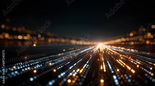 Data Stream Highway: Dynamic digital streams of light and information surge forward against a dark backdrop, conveying a sense of the future.