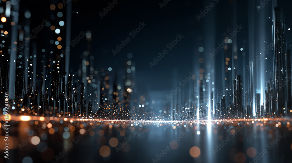 Obraz premium Digital Cityscape: An abstract cityscape of lights, where glowing orbs dance across a dark canvas, suggesting interconnectedness and the flow of information.