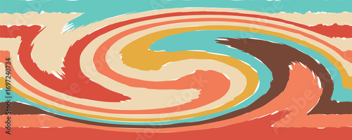 Abstract Retro 70s colorful sun with rays on vintage background. Groovy banner, poster or postcard. Vector Eps 10