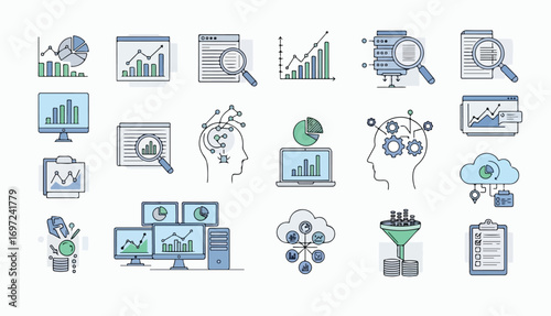 Collection of data analysis and business intelligence icons, showing various tools and concepts.