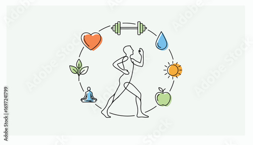 Healthy lifestyle concept:  Person jogging surrounded by wellness symbols.