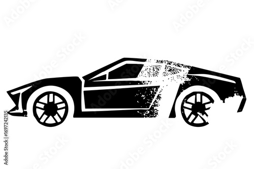 Vector Black silhouette of a sports car with a dissolving effect.