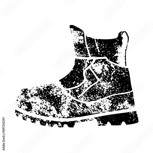 Vector Distressed hiking boot in black and white.