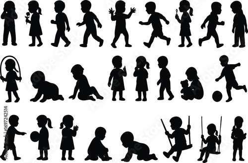 Kids playing silhouettes vector collection
