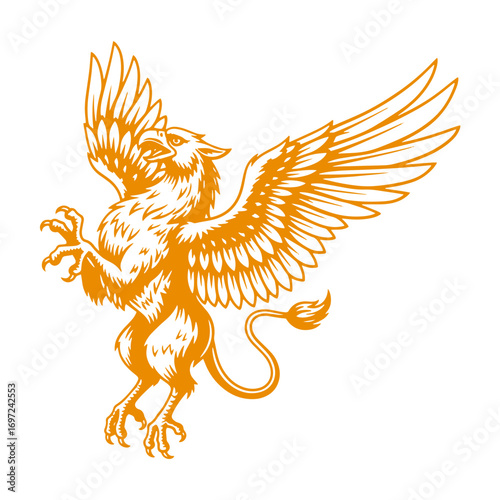Majestic griffin with spread wings in dynamic pose, mythical creature art
