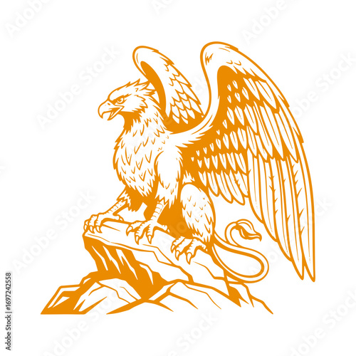 Majestic griffin perched on rocky outcrop, a symbol of power and vigilance
