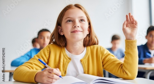 Smiling girl in classroom hand raised notebook and pen in front other children in background