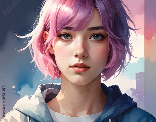 Portrait of a young woman with short pink hair and a blue hoodie.