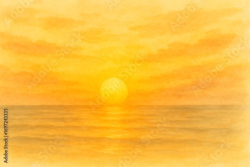 Golden sunset over ocean horizon (watercolor style)
