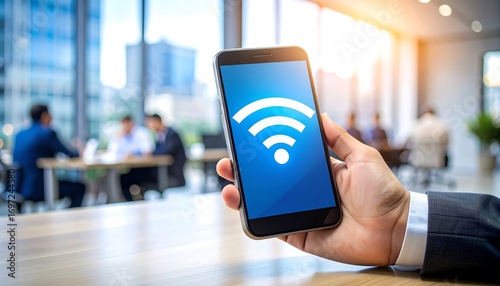 Close-up of a hand holding a phone showing a wifi symbol in a blurred office setting