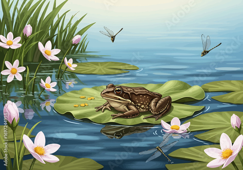 A beautifully detailed illustration of a frog resting on a lily pad in a tranquil pond with blooming water lilies and dragonflies
