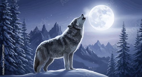A solitary gray wolf stands proudly on a snowy peak, howling at the glowing full moon in a majestic alpine wilderness scene