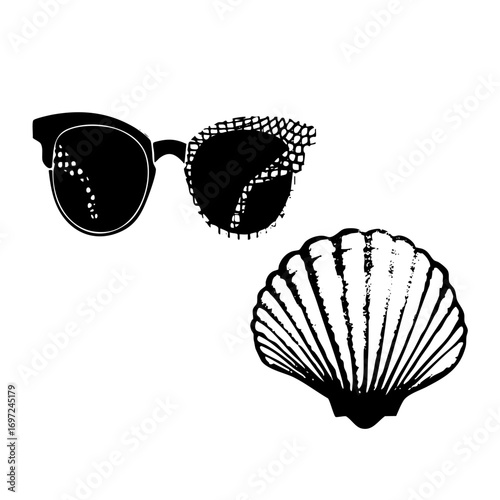 Vector Stylish sunglasses and scallop for summer vibes.