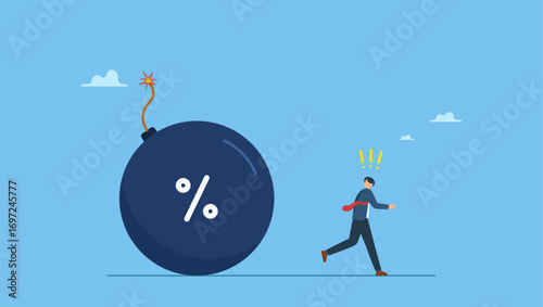 Businessman investor running from exploding percentage bomb. Inflation or interest rate causing economic recession, tax or loan payment trouble, stock market and crypto currency crisis.