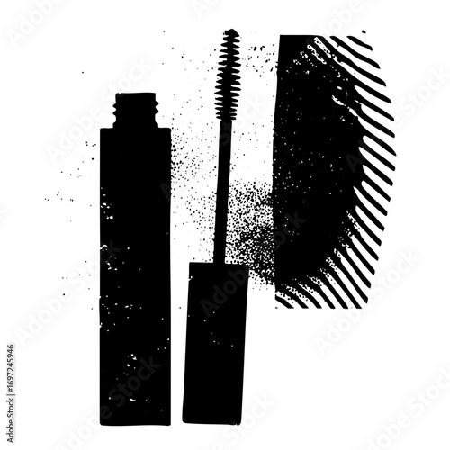 Vector Black mascara tube and wand with textured strokes.