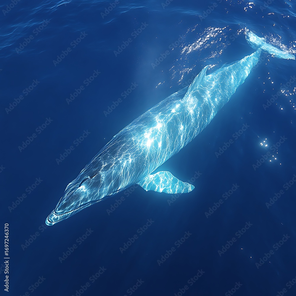 Naklejka premium A whale, light-blue hue, surfaces in deep blue ocean