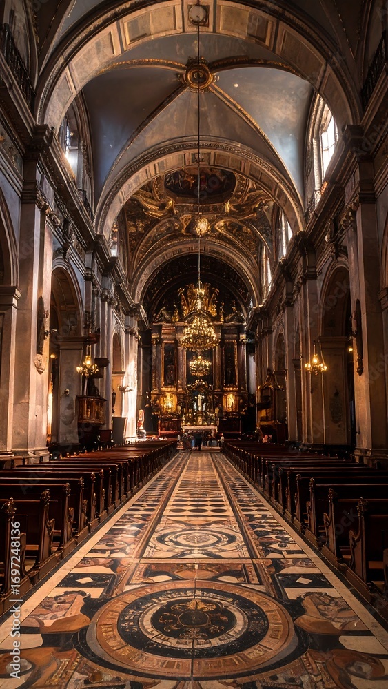 Obraz premium A grand, ornate church interior showcases intricate arched ceilings and a detailed, patterned floor.