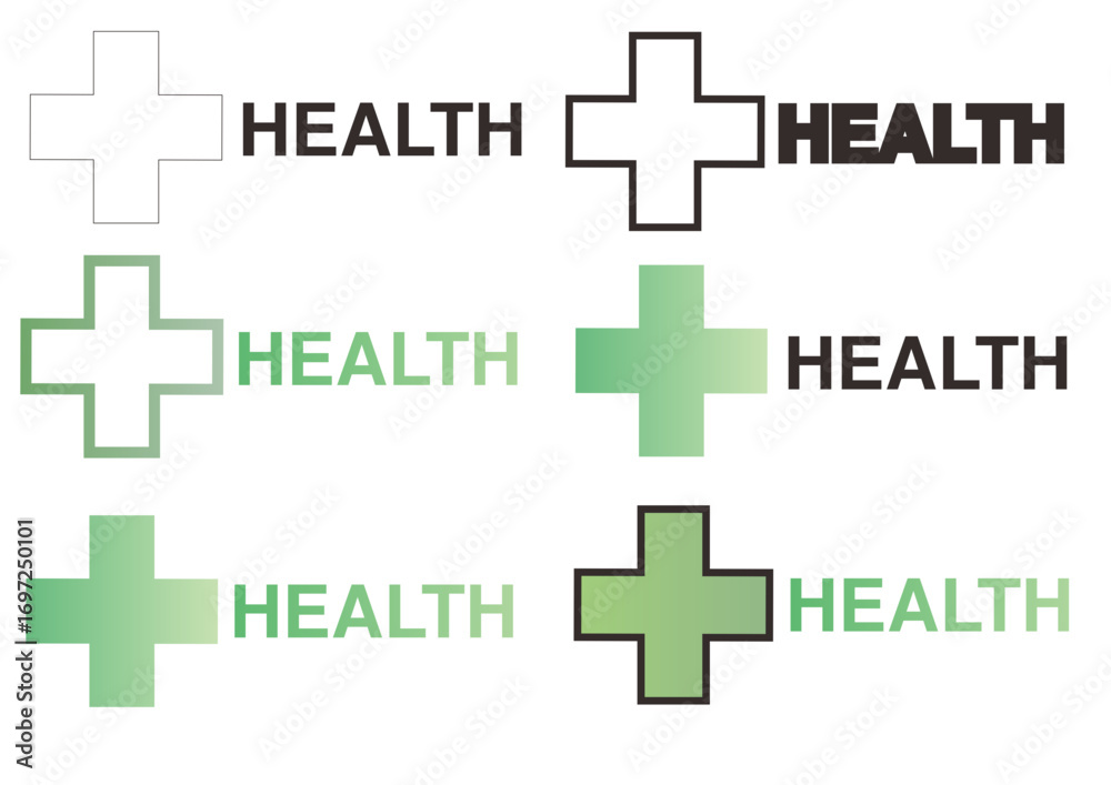 Fototapeta premium Vector set of health logo concepts featuring a medical plus icon. A digital collection of green gradient symbols for pharmacy and healthcare branding