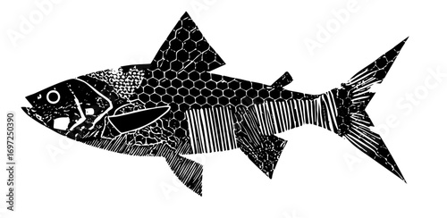 Vector Geometric fish features textured scales and fins.