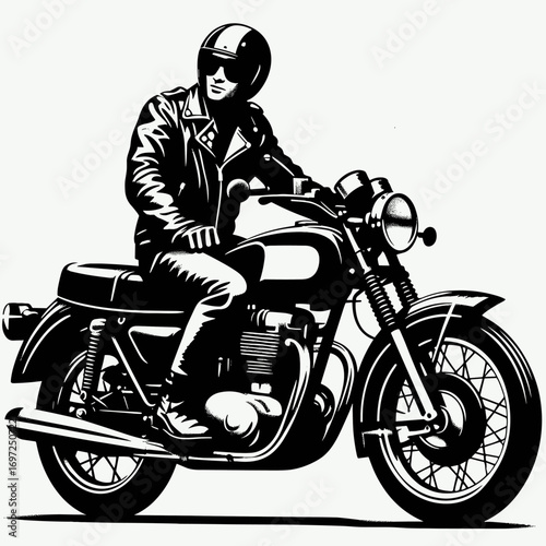 Cool biker in leather jacket rides classic motorcycle