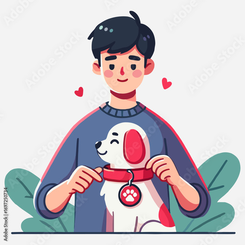 Young Man Puts Red Collar on Smiling Dog in White Background