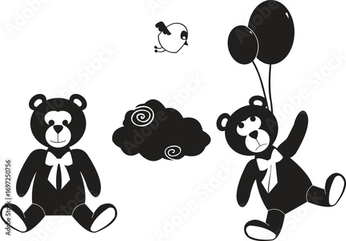 vector sketch illustration silhouette design image of a bear flying to the clouds in a hot air balloon accompanied by birds