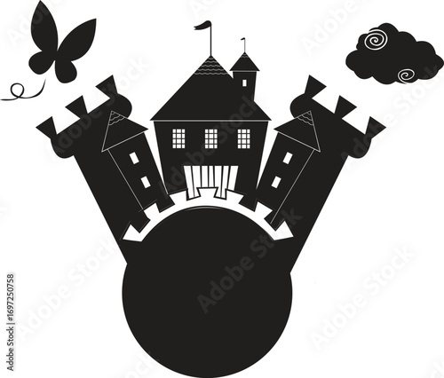 vector sketch illustration silhouette design image of castle king palace on planet