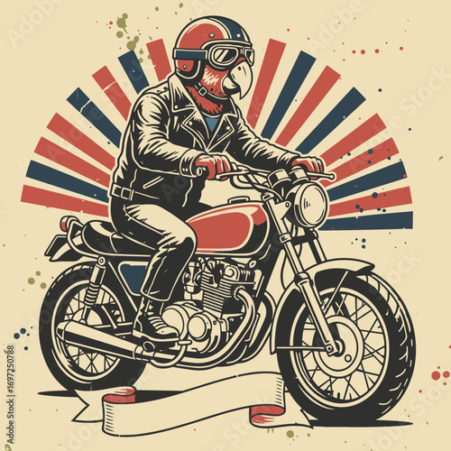 Cool parrot biker rides vintage motorcycle with retro flair