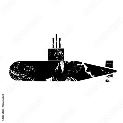 Vector Monochrome submarine with a textured distressed effect.